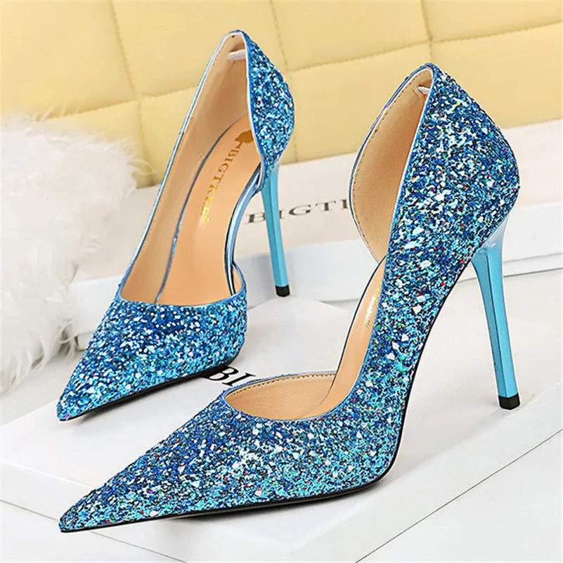 Women 7cm 10.5cm Super High Heels Blue Gold Pumps Sequins Bling Low Heels---Trendy Glitter Heels for a Glamorous Look