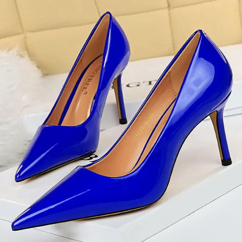 Women 8.5cm High Heels Scarpins Pumps Lady Blue Yellow Silver Glossy Leather---Comfortable Leather Pumps for Office and Everyday Wear