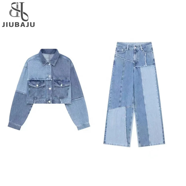 Best women's denim set for summer outfits -Women Blue Denim Suit Patchwork Cropped Jacket Wide Leg Jeans Woman Fashion Streetwear Long Sleeve Short Jacket Baggy Pants Set Best women's denim set for summer outfits -Women Blue Denim Suit Patchwork Cropped Jacket Wide Leg Jeans Woman Fashion Streetwear Long Sleeve Short Jacket Baggy Pants Set