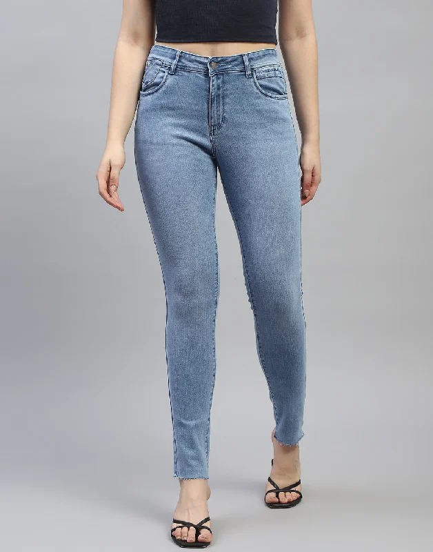Women's denim jeans with a environmental change cause design embellishment-Women Blue Solid Slim Fit Denim