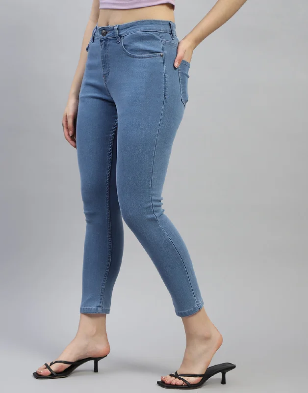 Women's denim jeans with a strike cause design embellishment-Women Blue Solid Slim Fit Denim