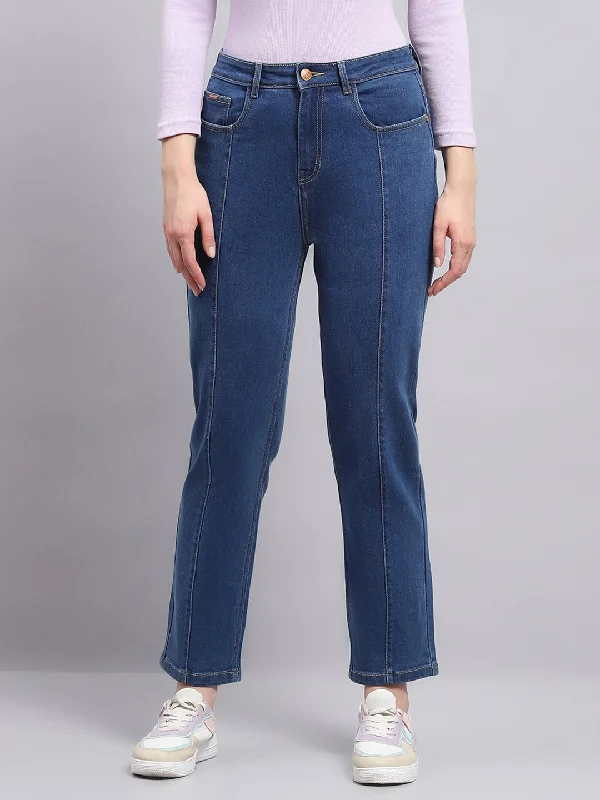 Women Blue Solid Straight Fit Denim