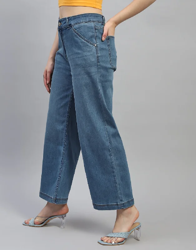 Women's denim jeans with a activism cause design embellishment-Women Blue Solid Wide Leg Denim