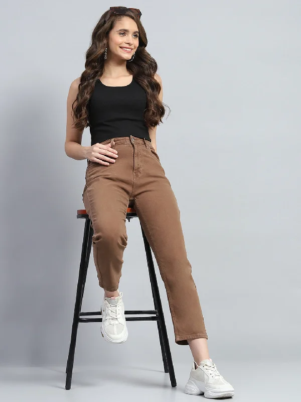 Women's denim jeans for jeans new look-Women Brown Solid Slim Fit Denim