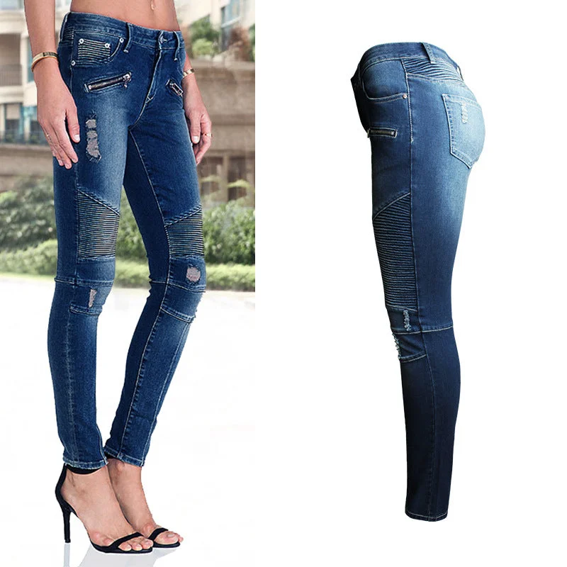 Women Clothing Ripped Slim Fit Stretch Slimming Mid Waist Women Denim Pencil Jeans