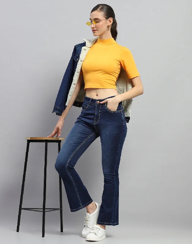 Women Dark Blue Light Wash Boot Cut Denim