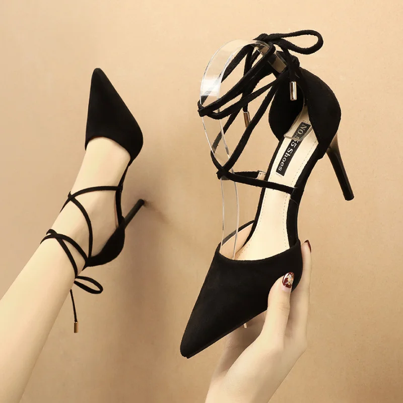 Affordable Suede Ankle Pumps for All-Day Wear--Women Fashion Sexy Suede Pointed Toe Cross Strap Bow Stiletto Pumps