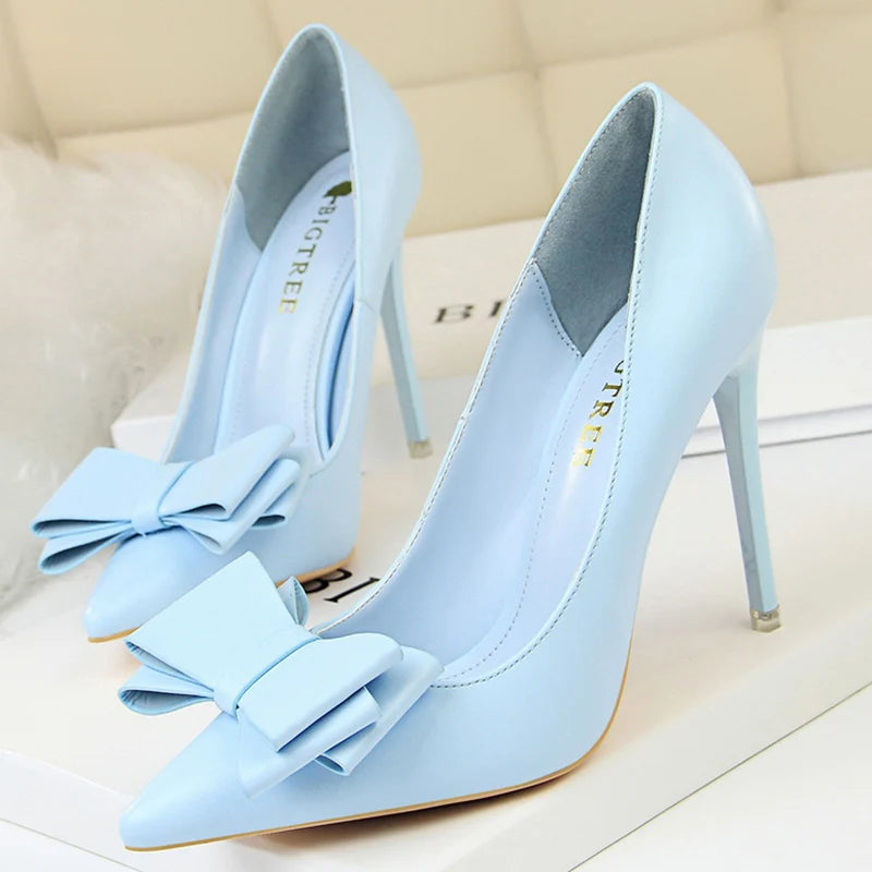 Stiletto Heel Pumps with Perfect Fit--Women Fetish 10.5cm High Heels Blue Yellow Pumps Butterfly Knot Leather Stiletto-Fashionable & Classic