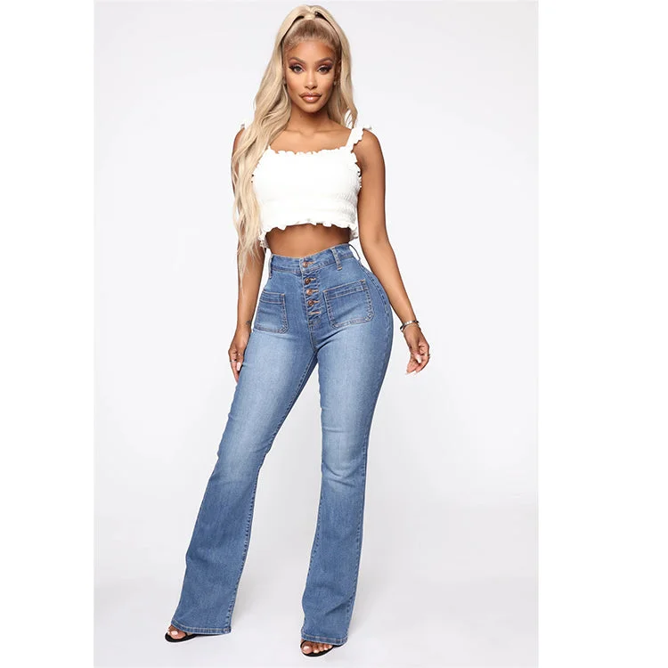 Women Jeans Clinch Patch Pocket Washed Jeans