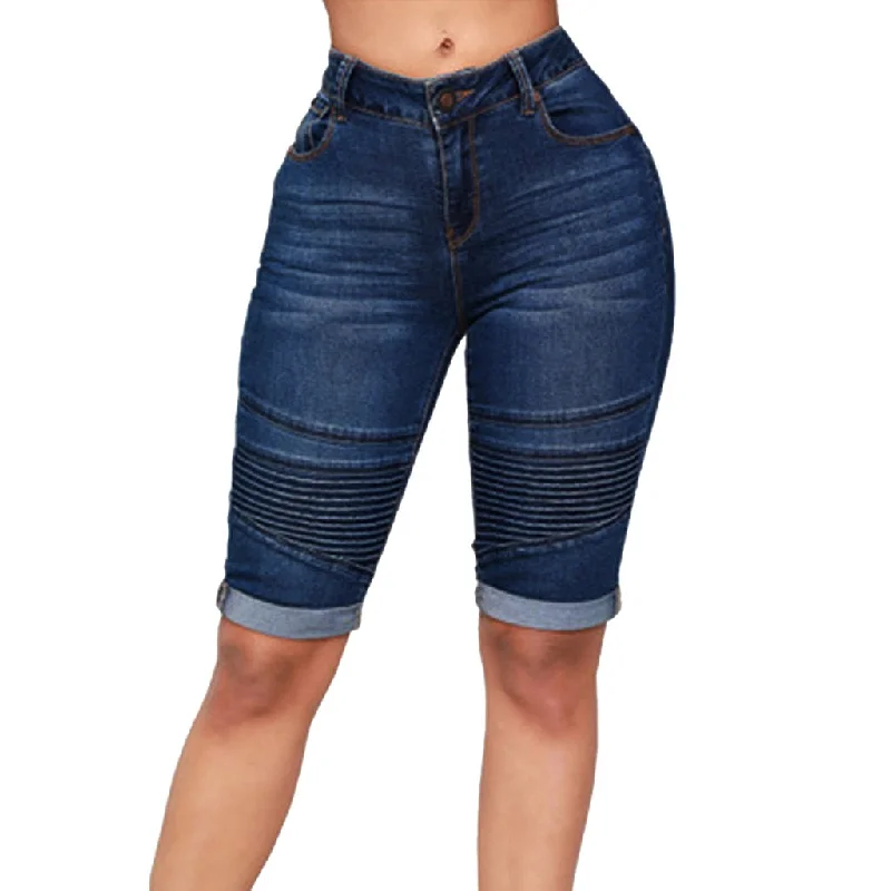 Women's denim shorts with distressed light wash :Women Juniors Jeans Short Pants Slim Denim Elastic Skinny Vintage Denim Short Mini Jeans Women High Waisted Folded Hem #YL10