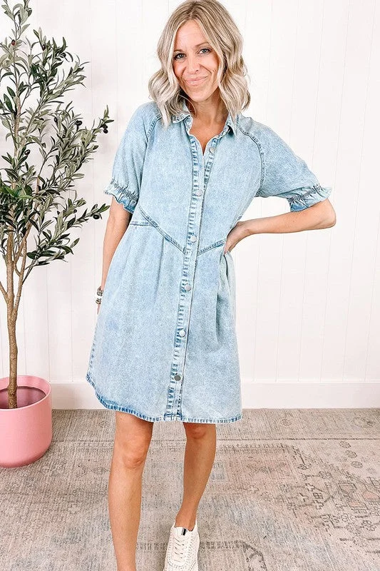 Best denim dresses for narrow shoulders--What's with and stylish-Women Ruffled Short Sleeve Buttoned Denim Dress