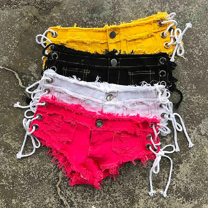 Women's denim shorts with an elongated hemline :Women Side Lace Up Tassel Denim Jeans Night Club Low Sexy Hot Shorts Summer Girl Solid Low Waist Super Mini Shorts Pant Vaqueros