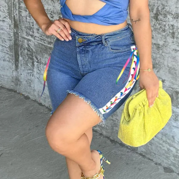 Women's denim shorts for a party-Women Side Tie-Up Middle Pants Wholesale Denim Shorts