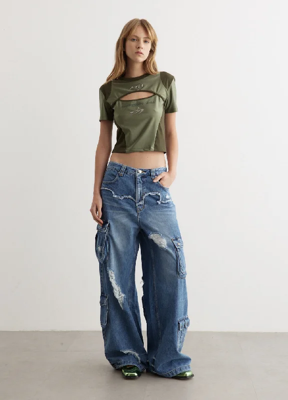 Women's denim jeans with a enamel embellishment-Simiz Denim Cargo Jeans
