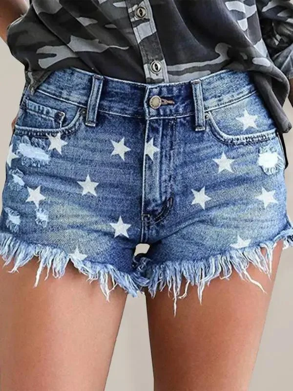 Is plus the and 2025 is denim :Women's Casual Fringe Pentagram Print High Waist Denim Shorts