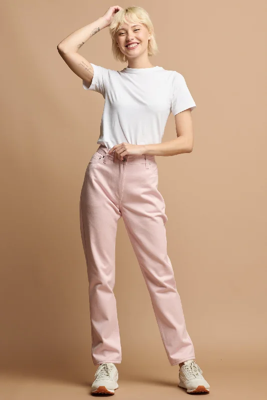 Women's denim jeans with a human rights cause design embellishment-Women's Gloria Straight leg High Rise Jean - Pink