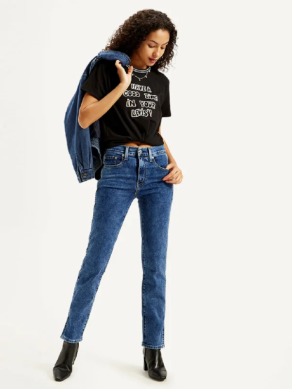 Women's denim jeans with a bird embellishment-Women's High Rise 724 Slim Fit Blue Jeans Women's denim jeans with a bird embellishment-Women's High Rise 724 Slim Fit Blue Jeans