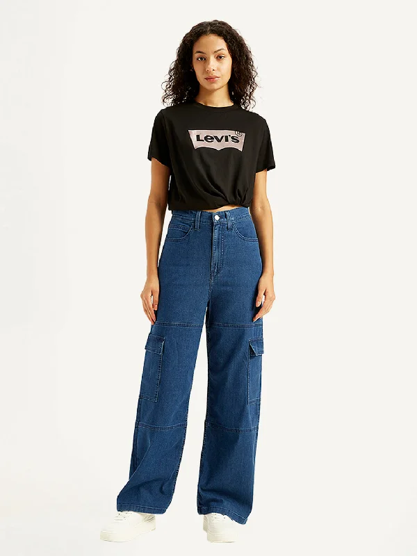 Women's denim jeans for hourglass shape-Women's High Rise Baggy Fit Blue Cargo Jeans Women's denim jeans for hourglass shape-Women's High Rise Baggy Fit Blue Cargo Jeans