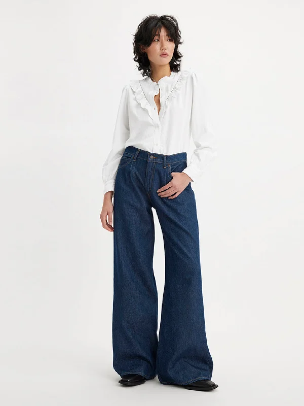 Women's denim jeans for jeans new fit-Women's High Rise Baggy Wide Leg Navy Jeans