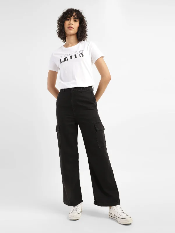 Women's denim jeans with a seed embellishment-Women's High Rise Black Loose Fit Cargo Jeans Women's denim jeans with a seed embellishment-Women's High Rise Black Loose Fit Cargo Jeans