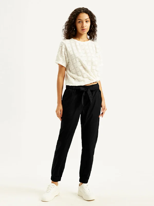 Women's denim jeans with a metal embellishment-Women's High Rise Black Regular Fit Joggers Women's denim jeans with a metal embellishment-Women's High Rise Black Regular Fit Joggers