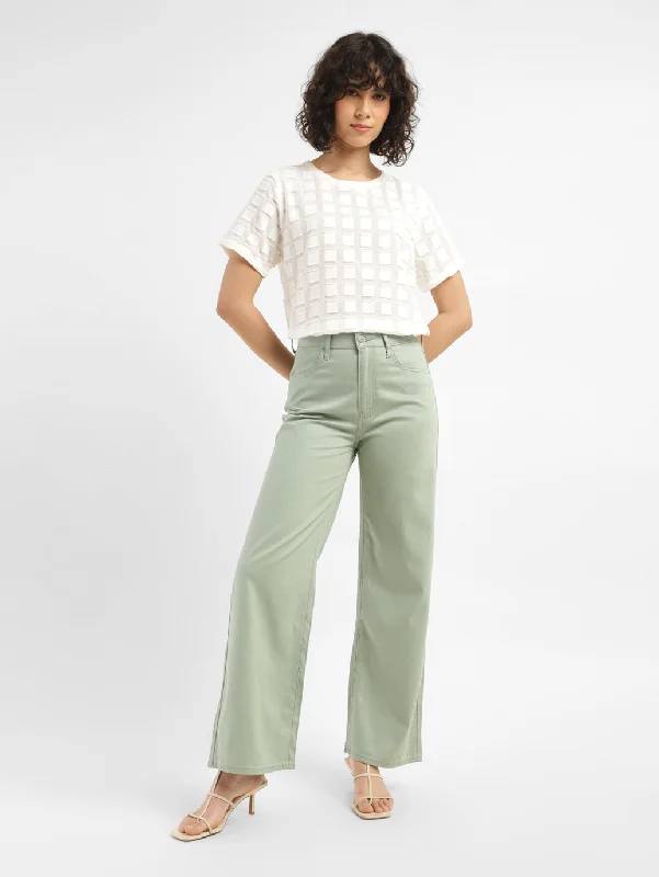 Women's denim jeans with a celestial body embellishment-Women's High Rise Green Wide-leg Jeans Women's denim jeans with a celestial body embellishment-Women's High Rise Green Wide-leg Jeans