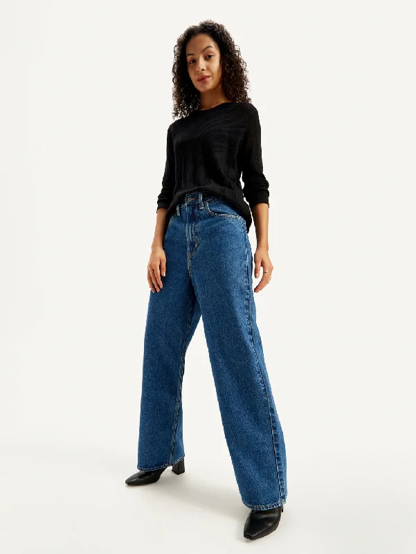 Women's denim jeans with a cuffed hem-Women's High Rise Loose Fit Blue Jeans