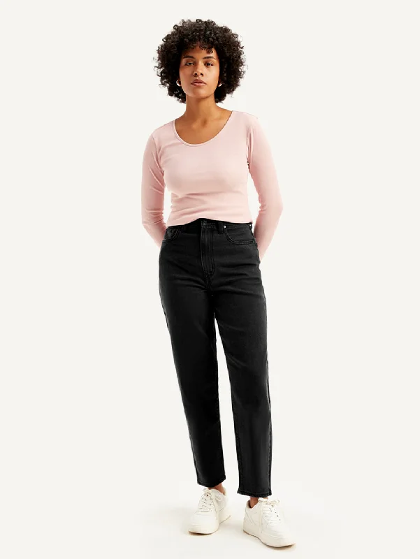 Women's denim jeans with a modal fabric-Women's High Rise Loose Taper Fit Black Jeans Women's denim jeans with a modal fabric-Women's High Rise Loose Taper Fit Black Jeans