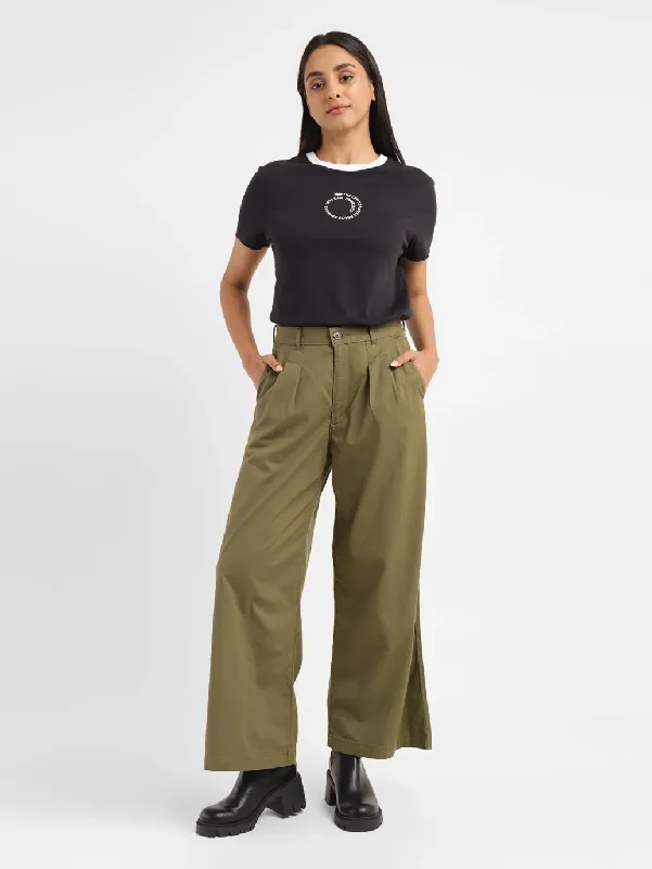 Women's denim jeans with a chambray fabric-Women's High Rise Olive Loose Fit Trousers Women's denim jeans with a chambray fabric-Women's High Rise Olive Loose Fit Trousers