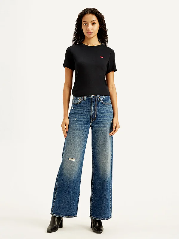 Women's denim jeans with a nut embellishment-Women's High Rise Ribcage Indigo Wide Leg Jeans Women's denim jeans with a nut embellishment-Women's High Rise Ribcage Indigo Wide Leg Jeans