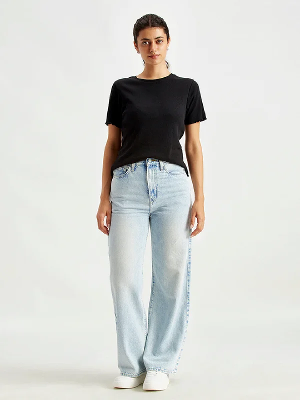 Women's denim jeans with a flower embellishment-Women's High Rise Ribcage Light Blue Wide Leg Jeans