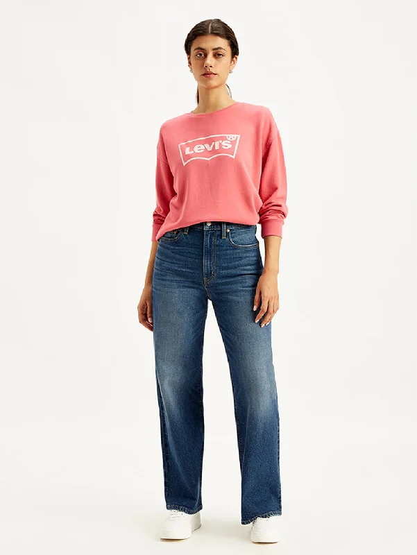Women's denim jeans with a bull denim fabric-Women's High Rise Ribcage Wide Leg Blue Jeans Women's denim jeans with a bull denim fabric-Women's High Rise Ribcage Wide Leg Blue Jeans