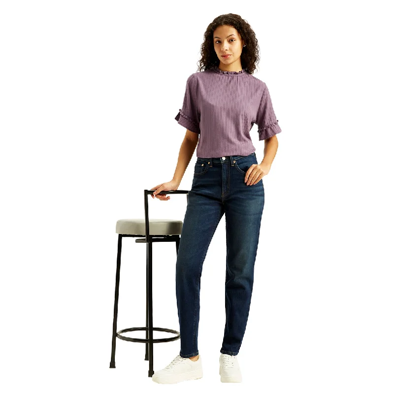 Women's denim jeans with a geometric print-Women's High Rise Straight Fit Blue Jeans Women's denim jeans with a geometric print-Women's High Rise Straight Fit Blue Jeans