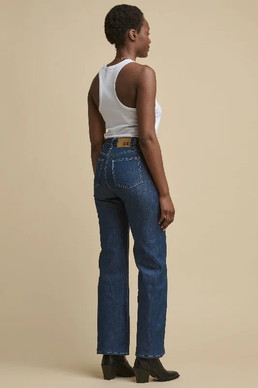 Women's denim jeans with a geometric design embellishment-Women's High Rise Wide Leg Jean - Blue Women's denim jeans with a geometric design embellishment-Women's High Rise Wide Leg Jean - Blue