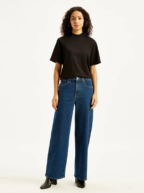 Women's denim jeans with a minimalist style-Women's High Rise Wide Leg Navy Jeans