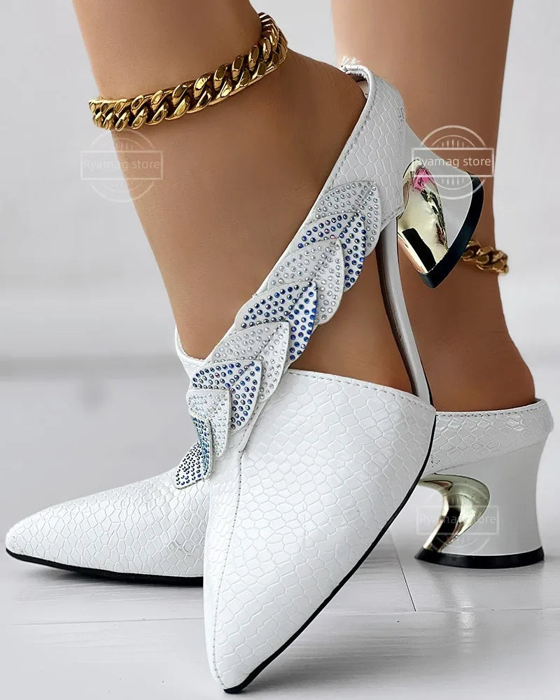 Affordable Rhinestone Pumps for a Dazzling Look---Women's Pumps Leaf Pattern Rhinestone Decor Hollow Out Chunky Shoes Ladies