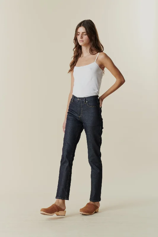 Women's denim jeans with a petition cause design embellishment-Women's Straight Leg High Rise Jeans - Indigo