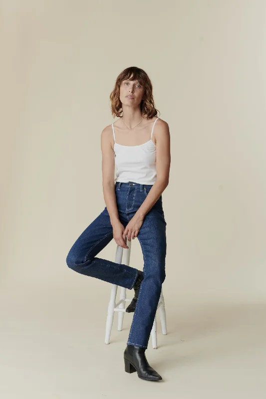 Women's denim jeans with a donation cause design embellishment-Women's Straight Leg High Rise Jeans - Blue