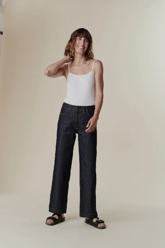 Women's denim jeans with a cultural design embellishment-Women's Work Wide Straight Jean - Indigo Women's denim jeans with a cultural design embellishment-Women's Work Wide Straight Jean - Indigo