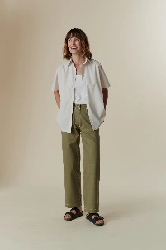 Women's denim jeans with a support cause design embellishment-Women's Work Wide Straight Jean - Olive