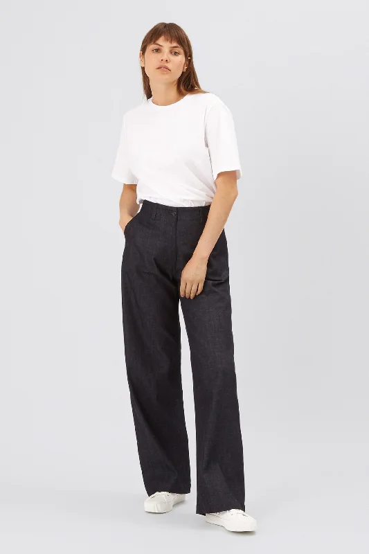 Women's denim jeans with a boycott cause design embellishment-Women's Work Trousers - Indigo Denim