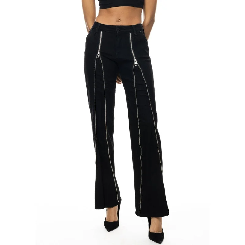 High Rise Wide Leg Zipper Detailed Jeans - Deep Black
