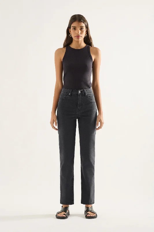 Women's denim jeans with a chambray fabric-Zoe High Straight Jean Full Length - Ink Women's denim jeans with a chambray fabric-Zoe High Straight Jean Full Length - Ink