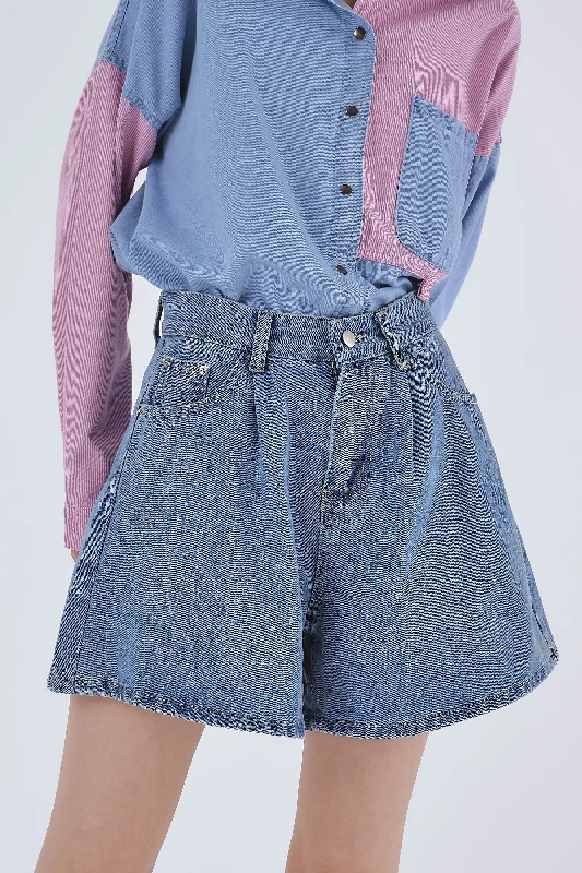 Women's denim shorts for a museum trip-Zoe Pintucked Denim Shorts