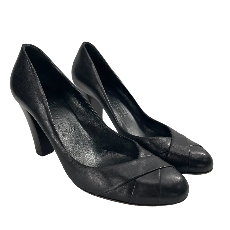 Salvatore Ferragamo/Heels/US 9/Leather/BLK/INTERWOVEN LTHR TOE---Comfortable Leather Pumps for Office and Everyday Wear