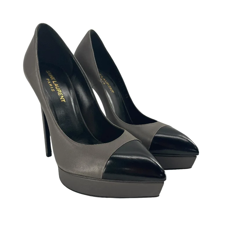 SAINT LAURENT/Heels/EU 38/Leather/GRY/V-Tip/BLK V-TIP/GREY BODY/2-TONE---Comfortable Leather Pumps for Office and Everyday Wear