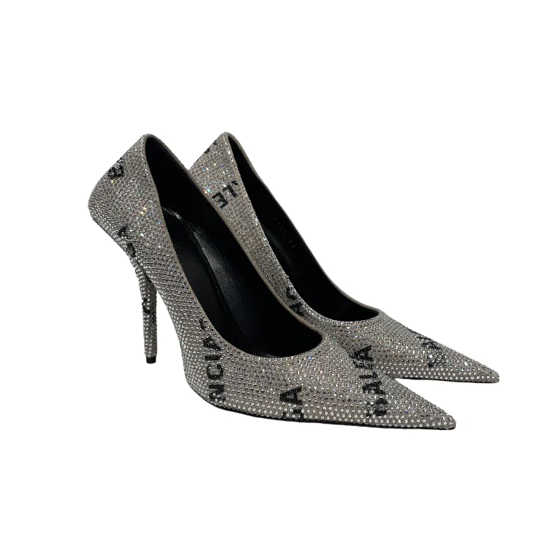 Versatile Heeled Sandals for Any Occasion---BALENCIAGA/Heels/EU 36/Monogram/SLV/SQUARE KNIFE BEDAZZLED