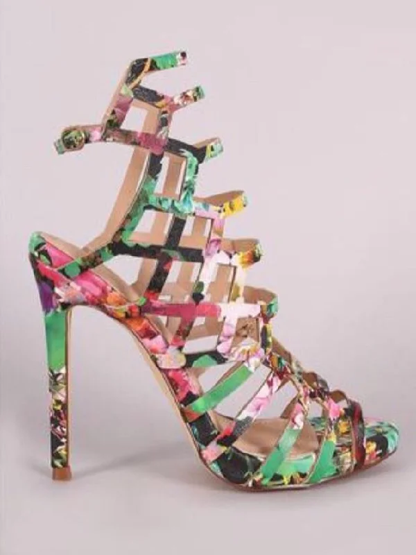 Stylish Ankle Strap Heels for Women--Asuka, Floral sling backs ankle strap heels