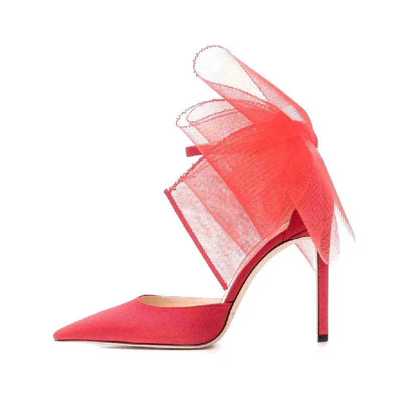 Stylish Ankle Strap Heels for Women--Asymmetric Bow Detail Pointed Toe Ankle Strap Stiletto Pumps - Red