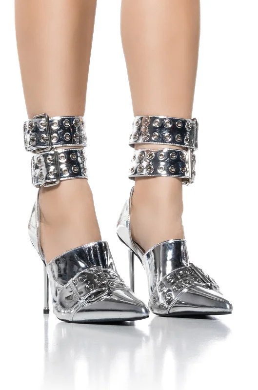 Versatile Dress Heels for Formal and Casual Wear---AZALEA WANG CYCLONE METALLIC DOUBLE BUCKLE STRAP PUMP IN SILVER